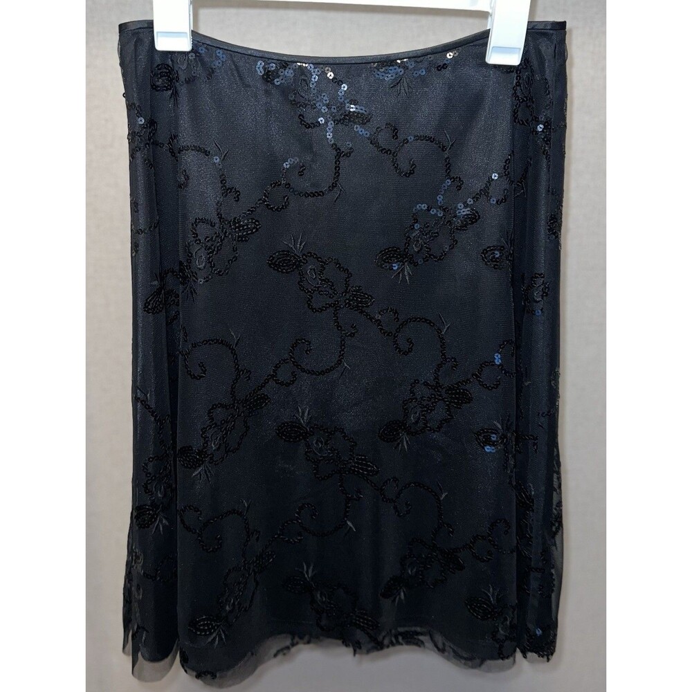 Adrianna Papell Evening Skirt Womens 6 Black Sequined Lace Overlay Flare Elegant